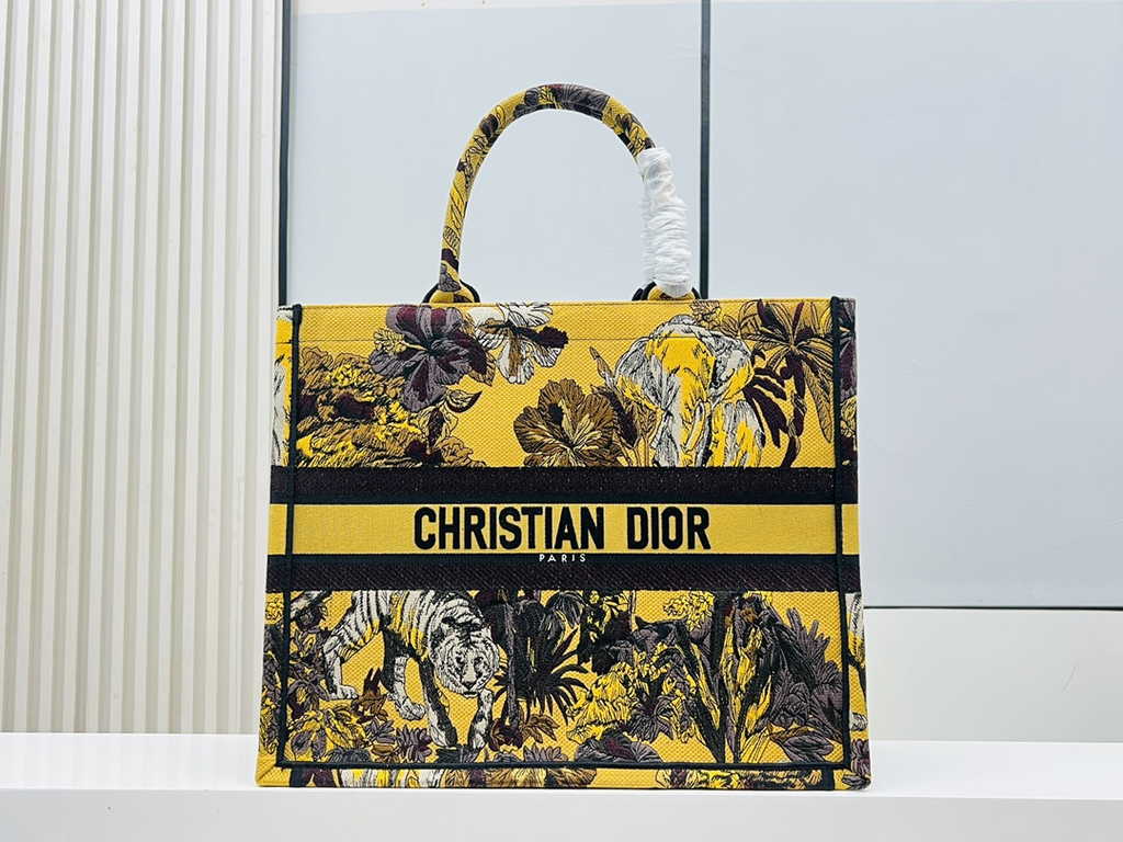 Dior Large Book Tote Bag M1286 Yellow Multicolor Toile de Jouy Voyage Embroidery