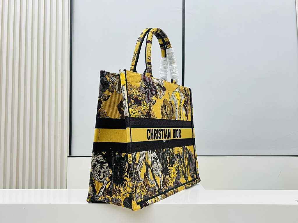 Dior Large Book Tote Bag M1286 Yellow Multicolor Toile de Jouy Voyage Embroidery