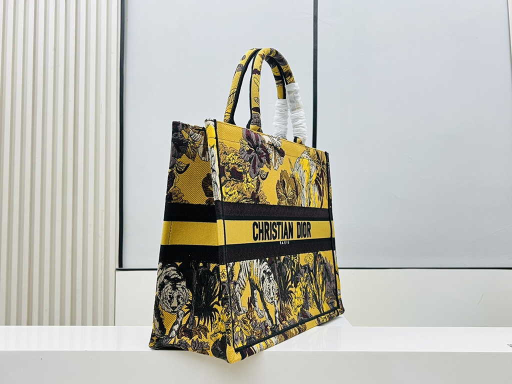 Dior Large Book Tote Bag M1286 Yellow Multicolor Toile de Jouy Voyage Embroidery