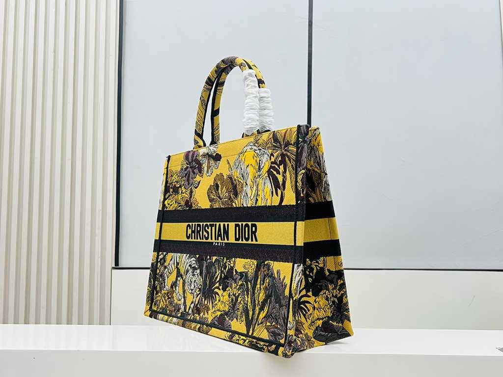 Dior Large Book Tote Bag M1286 Yellow Multicolor Toile de Jouy Voyage Embroidery