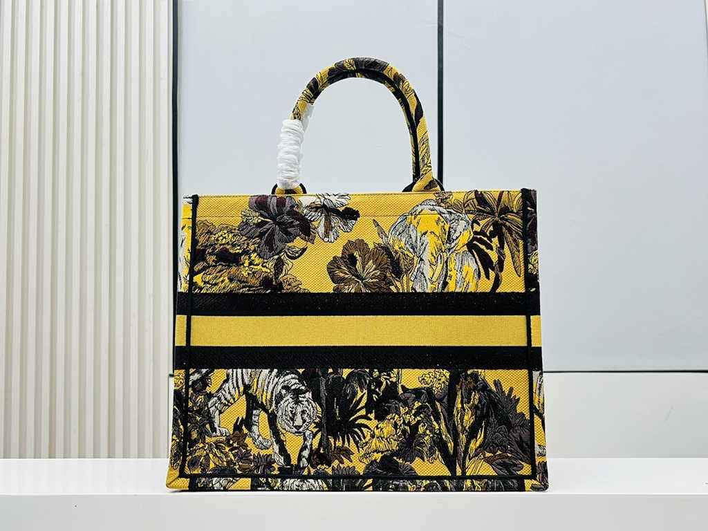 Dior Large Book Tote Bag M1286 Yellow Multicolor Toile de Jouy Voyage Embroidery