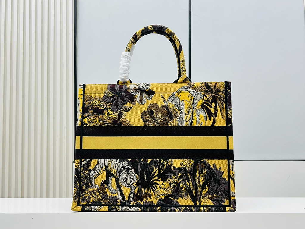 Dior Large Book Tote Bag M1286 Yellow Multicolor Toile de Jouy Voyage Embroidery