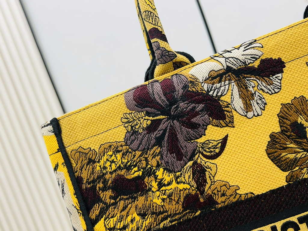 Dior Large Book Tote Bag M1286 Yellow Multicolor Toile de Jouy Voyage Embroidery