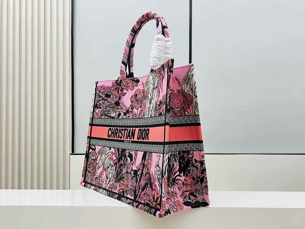 Dior Large Book Tote Bag M1286 Pink Multicolor Toile de Jouy Voyage Embroidery