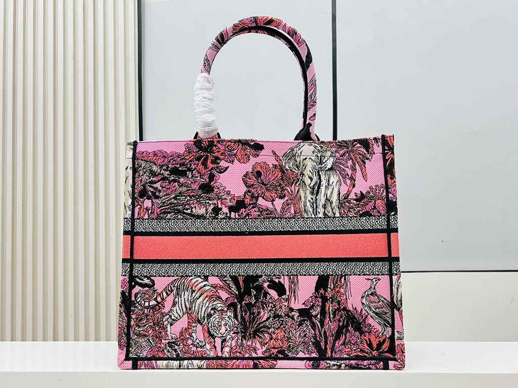 Dior Large Book Tote Bag M1286 Pink Multicolor Toile de Jouy Voyage Embroidery