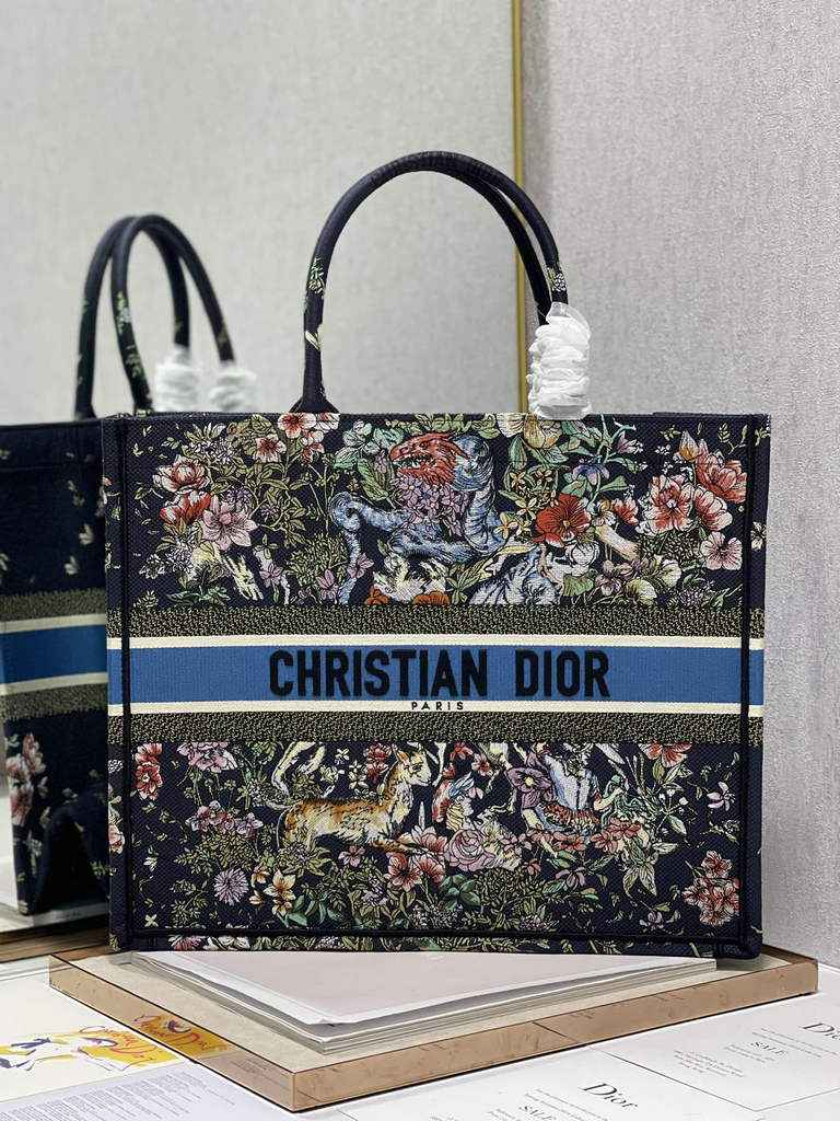 Dior Large Book Tote Bag M1286 Embroidery Black Multicolor