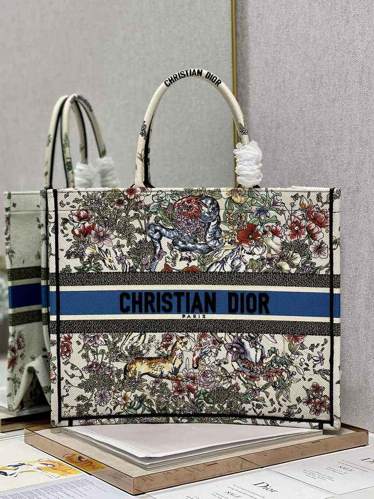 Dior Large Book Tote Bag M1286 Embroidery Beige Multicolor