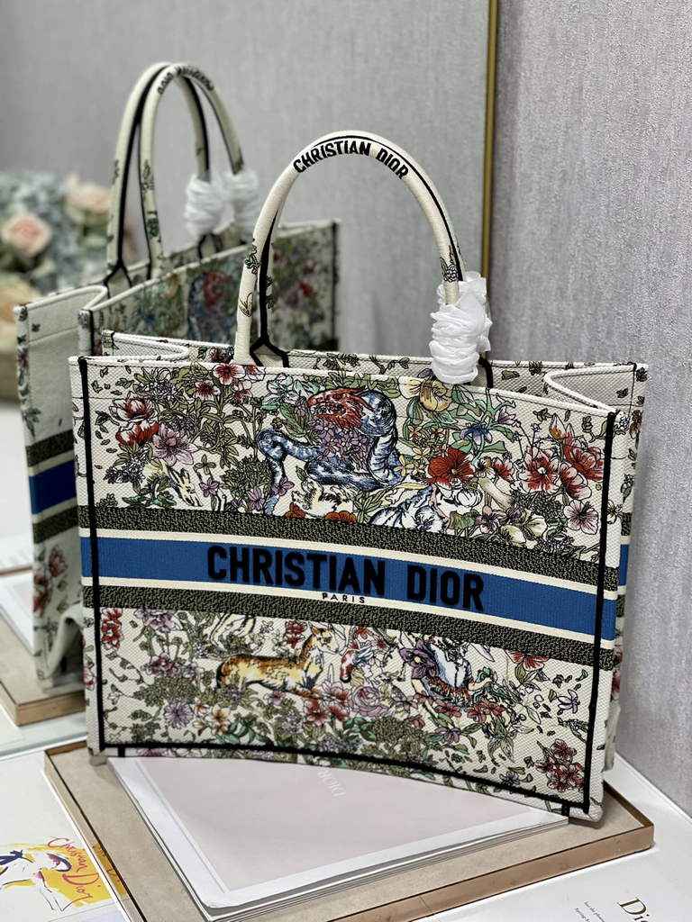 Dior Large Book Tote Bag M1286 Embroidery Beige Multicolor