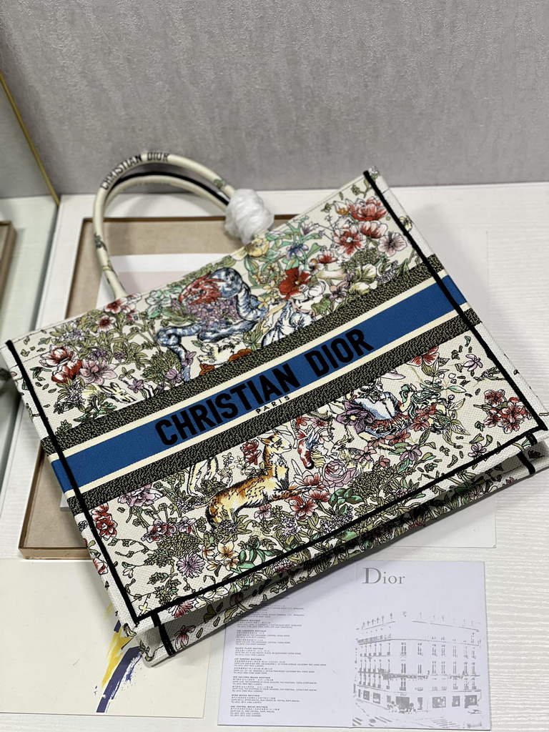 Dior Large Book Tote Bag M1286 Embroidery Beige Multicolor