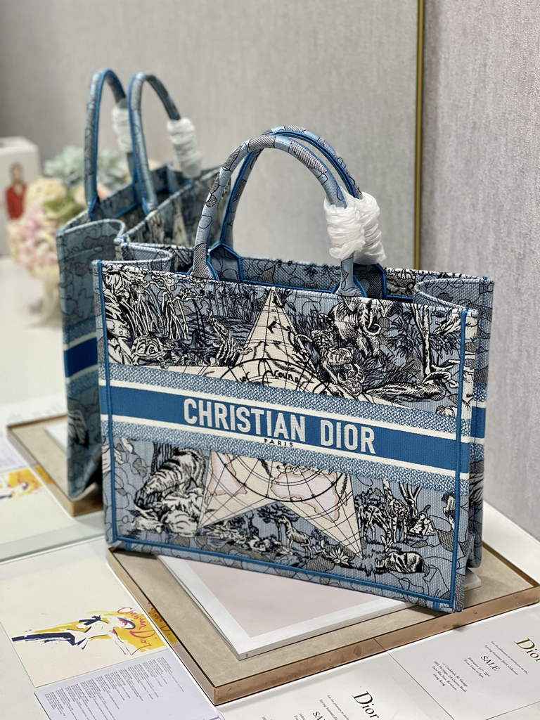 Dior Large Book Tote Bag M1286 Embroidery Blue Multicolor