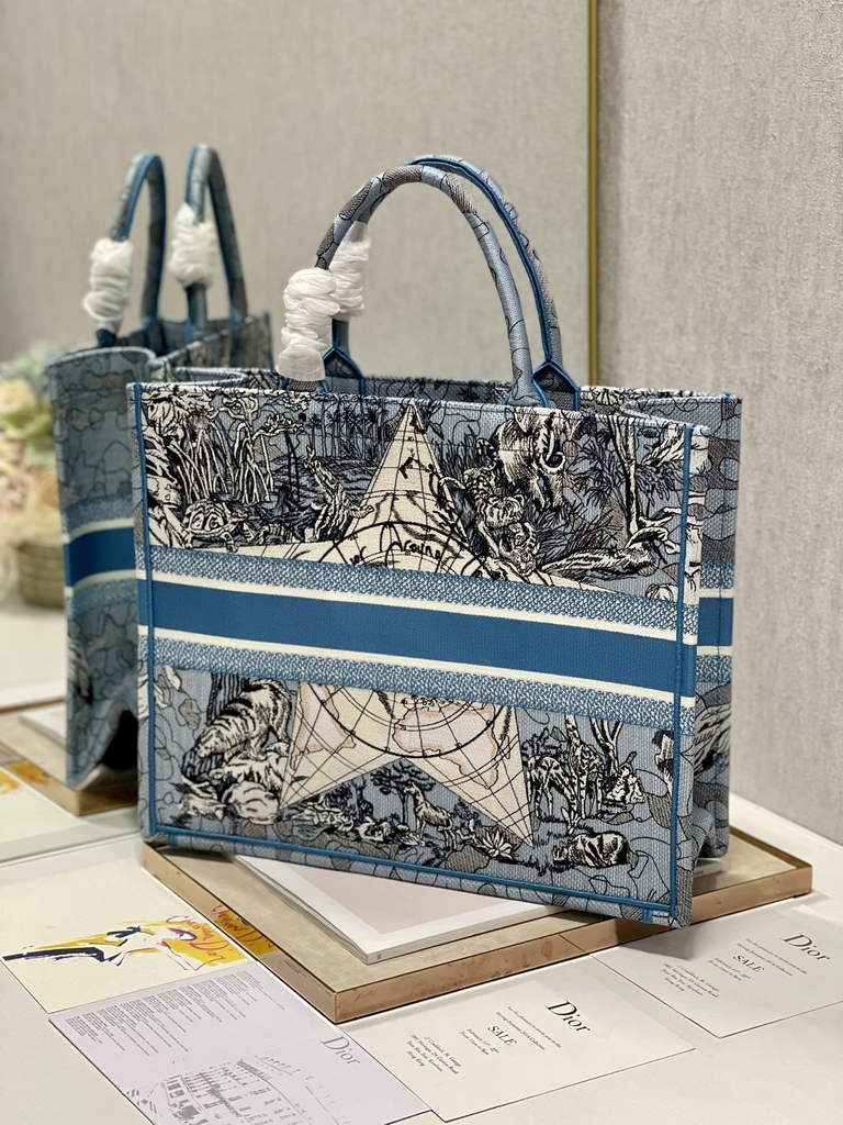 Dior Large Book Tote Bag M1286 Embroidery Blue Multicolor