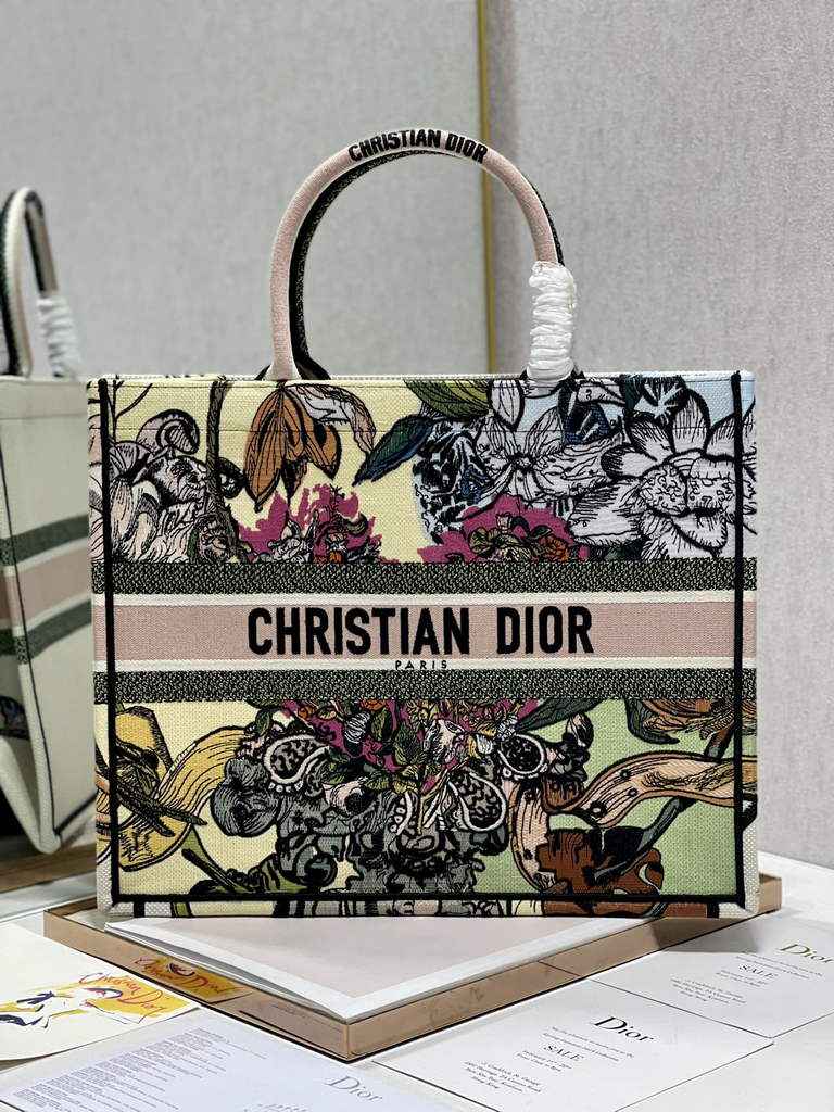 Dior Large Book Tote Bag M1286 Embroidery Multicolor Beige