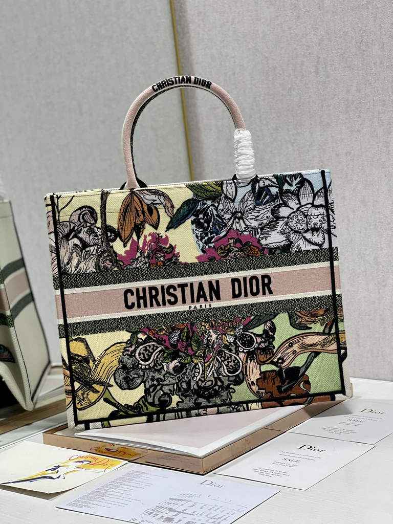 Dior Large Book Tote Bag M1286 Embroidery Multicolor Beige