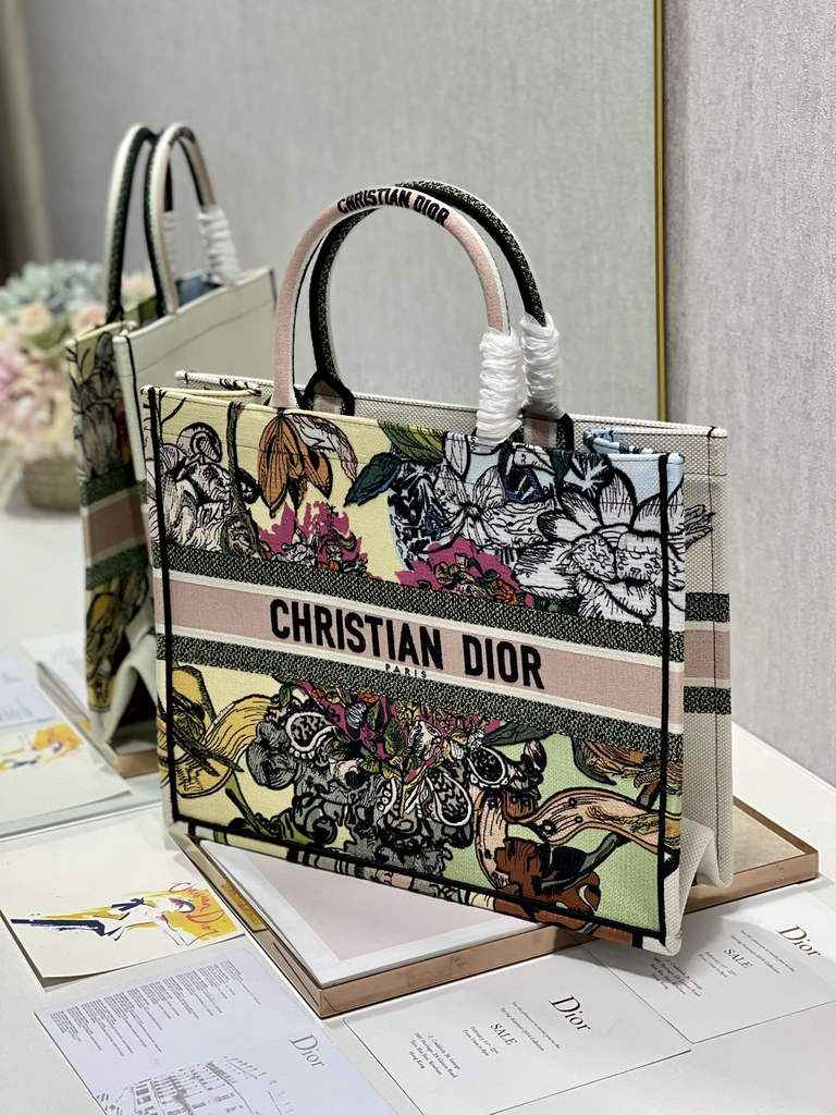 Dior Large Book Tote Bag M1286 Embroidery Multicolor Beige