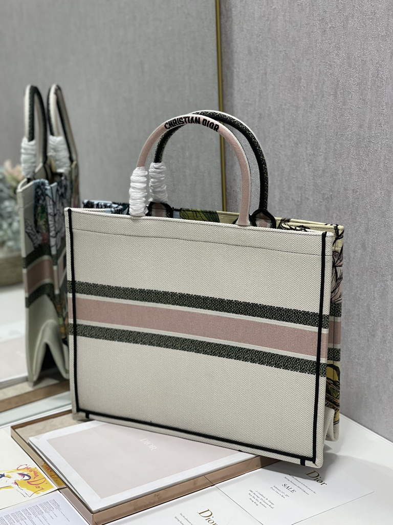Dior Large Book Tote Bag M1286 Embroidery Multicolor Beige