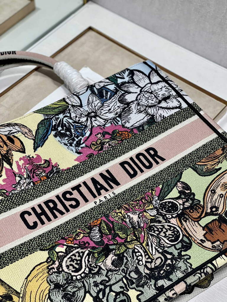 Dior Large Book Tote Bag M1286 Embroidery Multicolor Beige