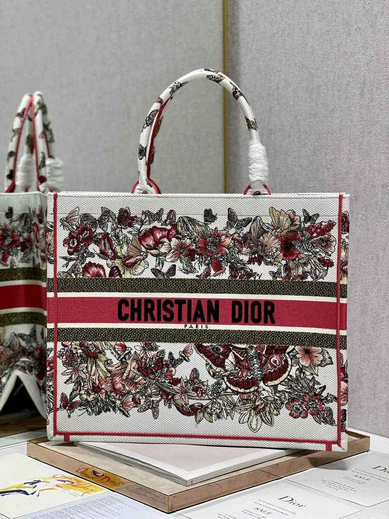 Dior Large Book Tote Bag M1286 Red Embroidery Multicolor
