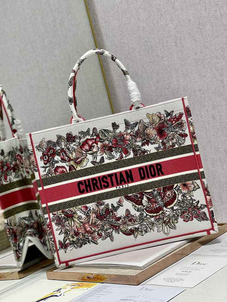 Dior Large Book Tote Bag M1286 Red Embroidery Multicolor