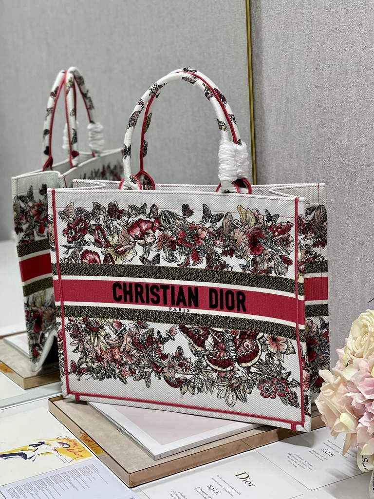 Dior Large Book Tote Bag M1286 Red Embroidery Multicolor