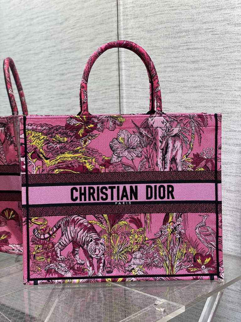 Dior Large Book Tote Bag M1286 Fuchsia Multicolor Toile de Jouy Voyage Embroidery