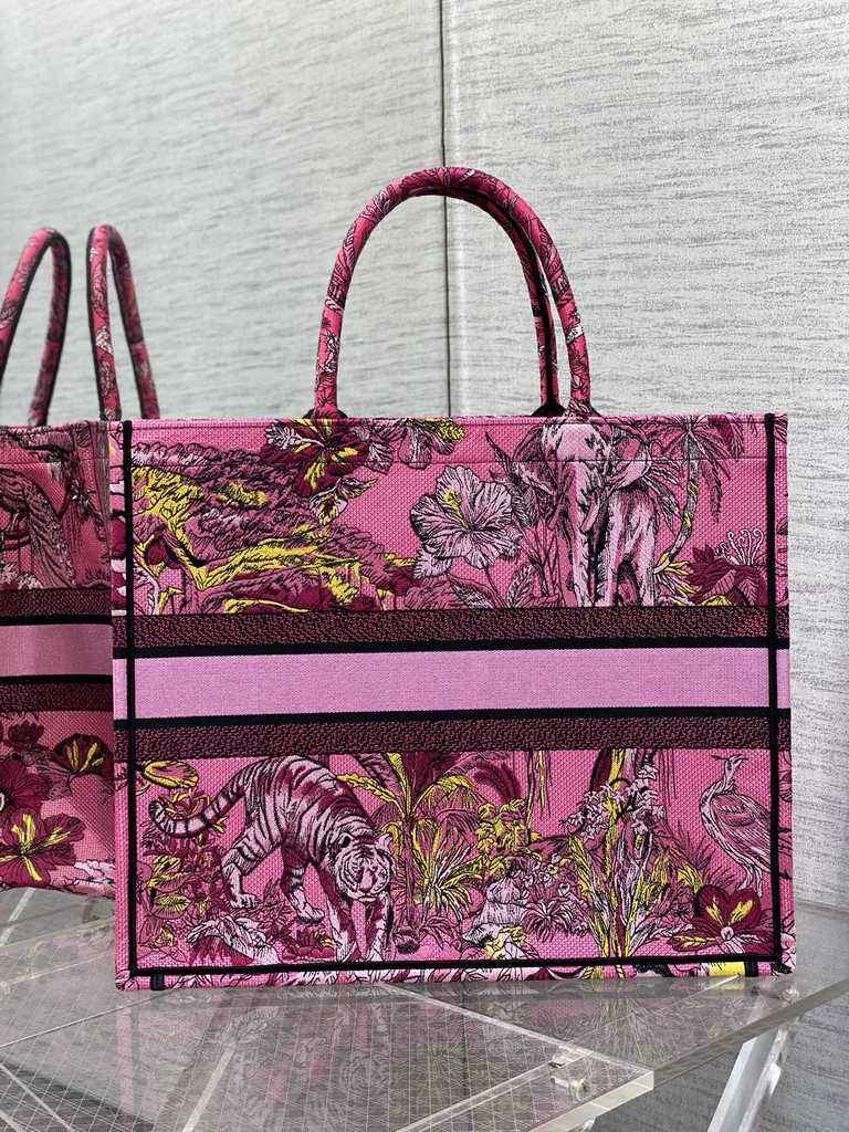 Dior Large Book Tote Bag M1286 Fuchsia Multicolor Toile de Jouy Voyage Embroidery