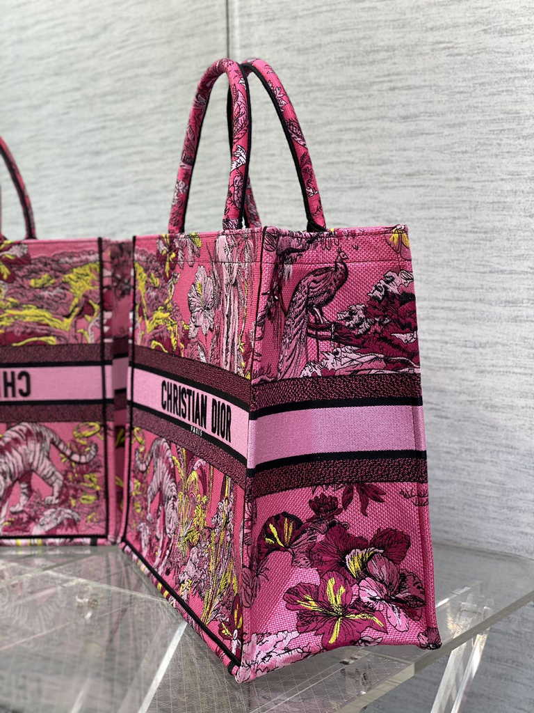 Dior Large Book Tote Bag M1286 Fuchsia Multicolor Toile de Jouy Voyage Embroidery
