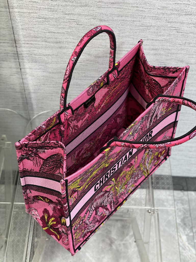 Dior Large Book Tote Bag M1286 Fuchsia Multicolor Toile de Jouy Voyage Embroidery