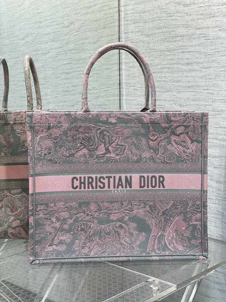 Dior Large Book Tote Bag M1286 Gray and Pink Toile de Jouy Voyage Embroidery