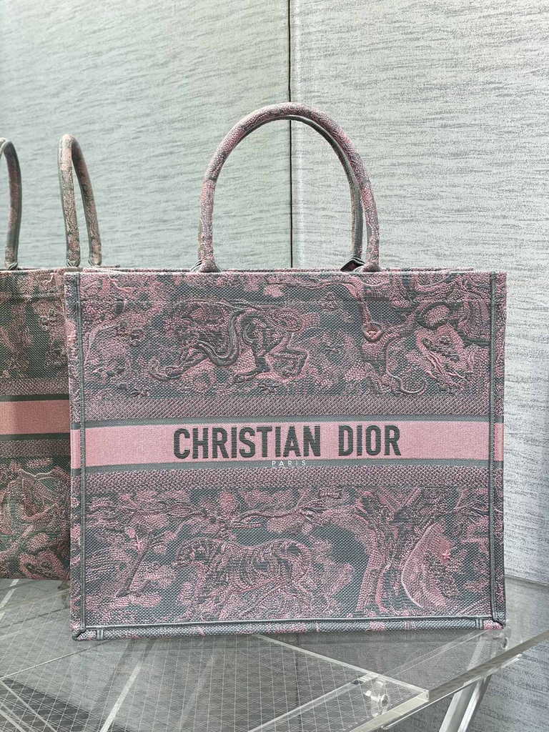Dior Large Book Tote Bag M1286 Gray and Pink Toile de Jouy Voyage Embroidery