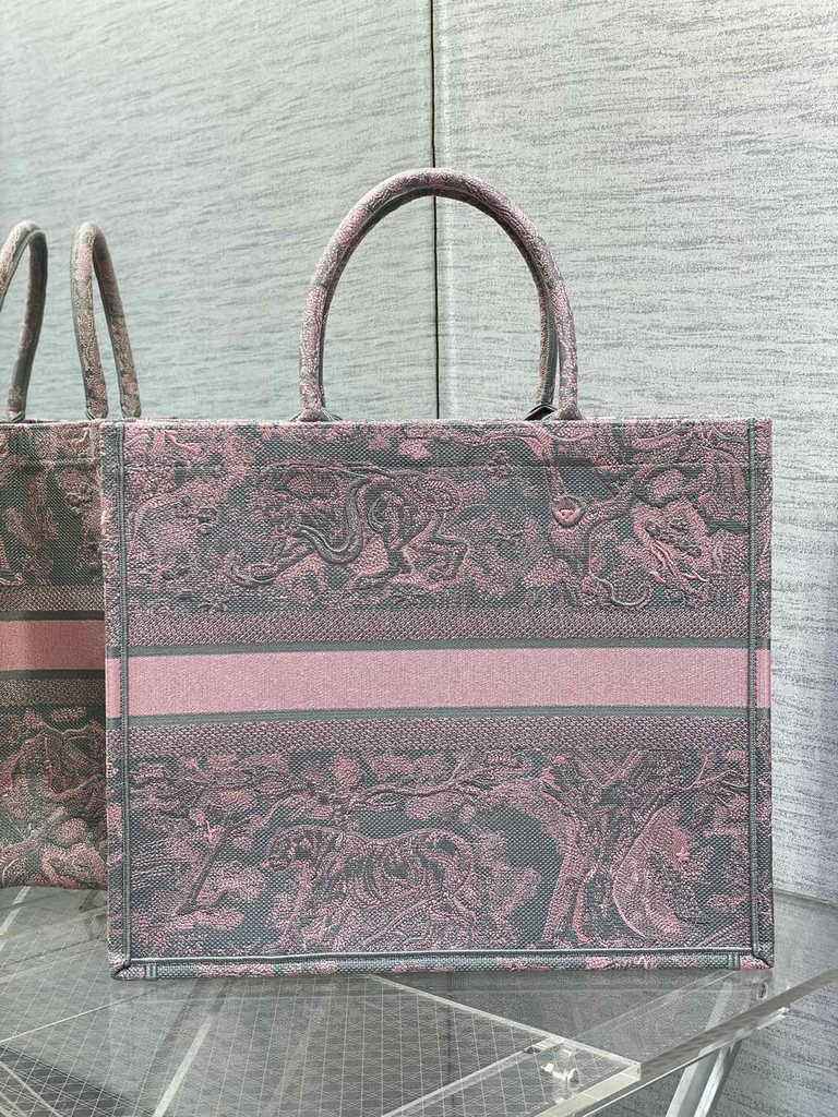 Dior Large Book Tote Bag M1286 Gray and Pink Toile de Jouy Voyage Embroidery