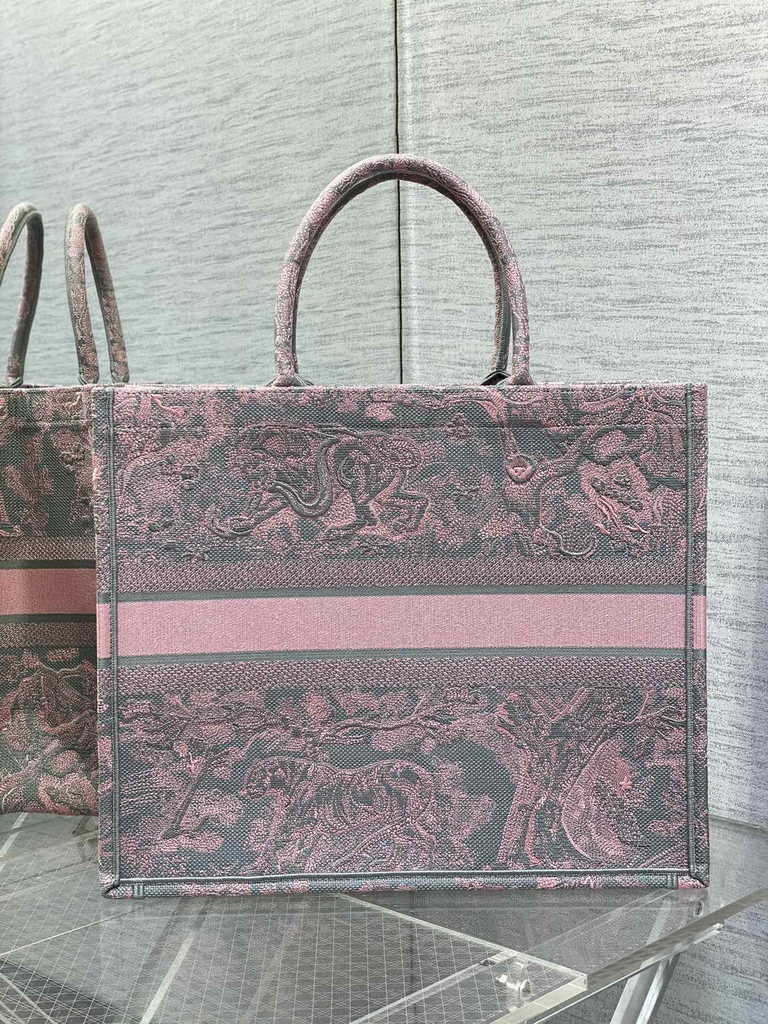 Dior Large Book Tote Bag M1286 Gray and Pink Toile de Jouy Voyage Embroidery