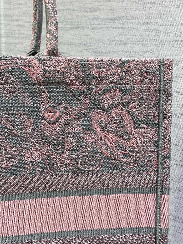Dior Large Book Tote Bag M1286 Gray and Pink Toile de Jouy Voyage Embroidery