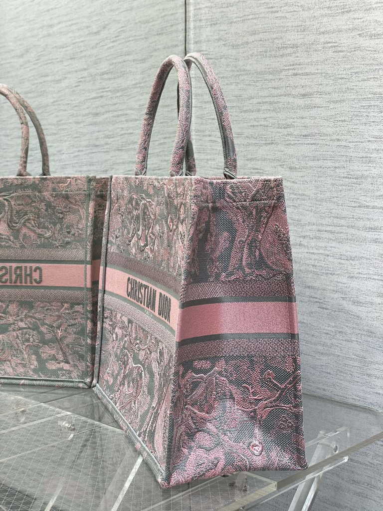 Dior Large Book Tote Bag M1286 Gray and Pink Toile de Jouy Voyage Embroidery