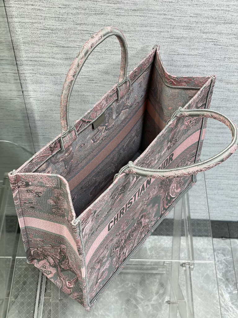 Dior Large Book Tote Bag M1286 Gray and Pink Toile de Jouy Voyage Embroidery