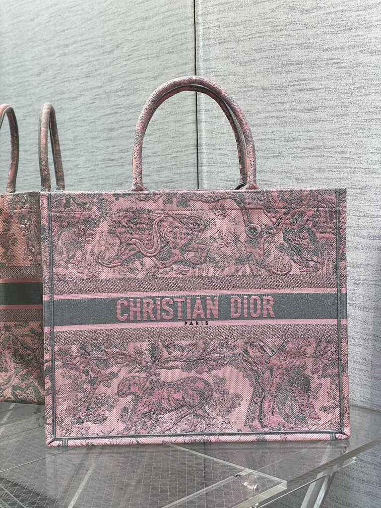 Dior Large Book Tote Bag M1286 Pink and Gray Toile de Jouy Voyage Embroidery