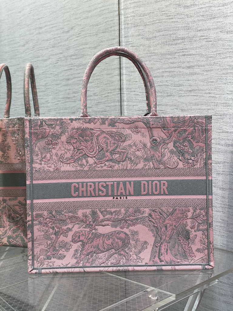 Dior Large Book Tote Bag M1286 Pink and Gray Toile de Jouy Voyage Embroidery