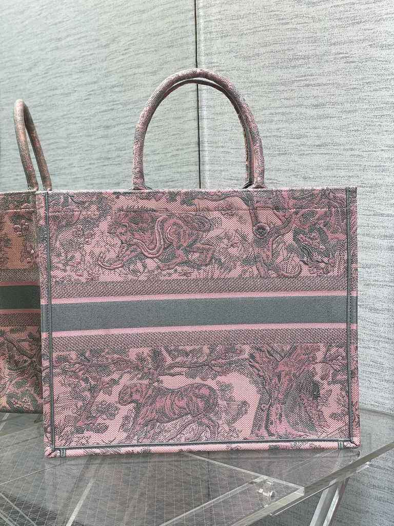 Dior Large Book Tote Bag M1286 Pink and Gray Toile de Jouy Voyage Embroidery