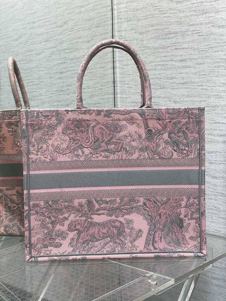 Dior Large Book Tote Bag M1286 Pink and Gray Toile de Jouy Voyage Embroidery