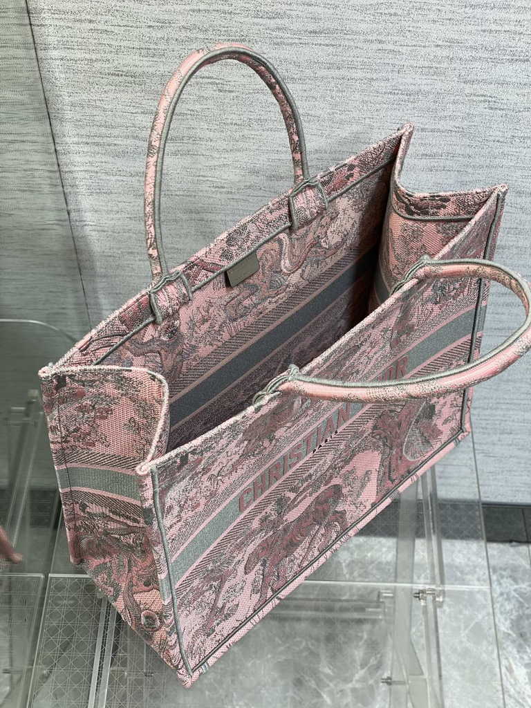 Dior Large Book Tote Bag M1286 Pink and Gray Toile de Jouy Voyage Embroidery