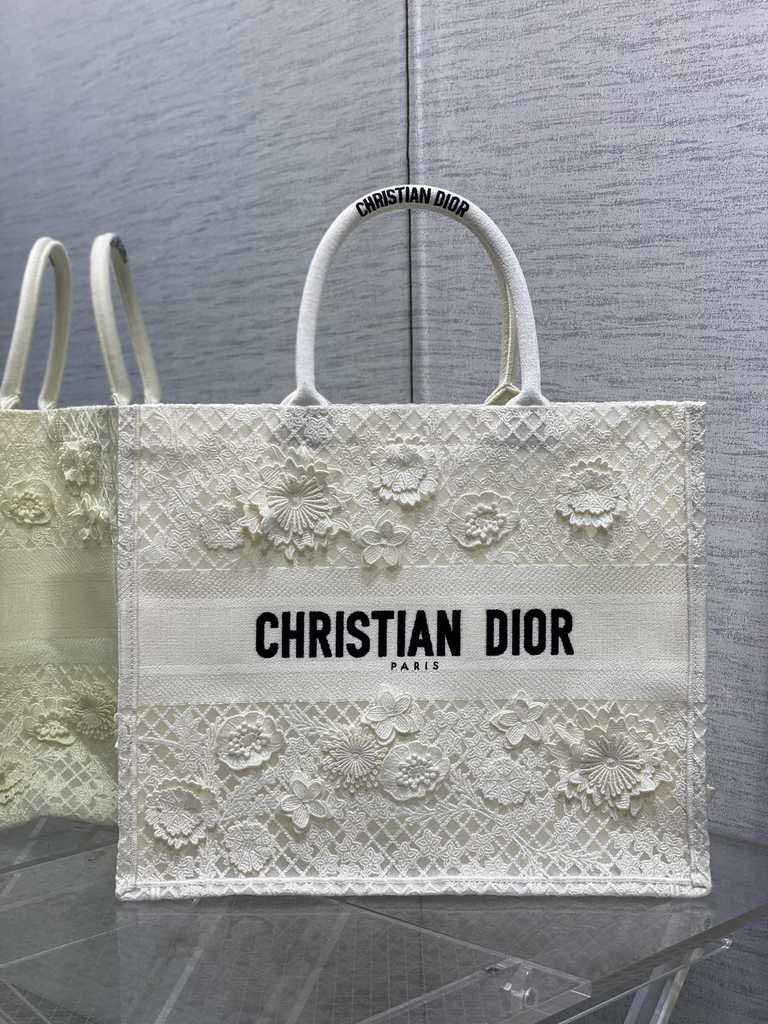 Dior Large Book Tote Bag M1286 White Lace Flower Embroidery