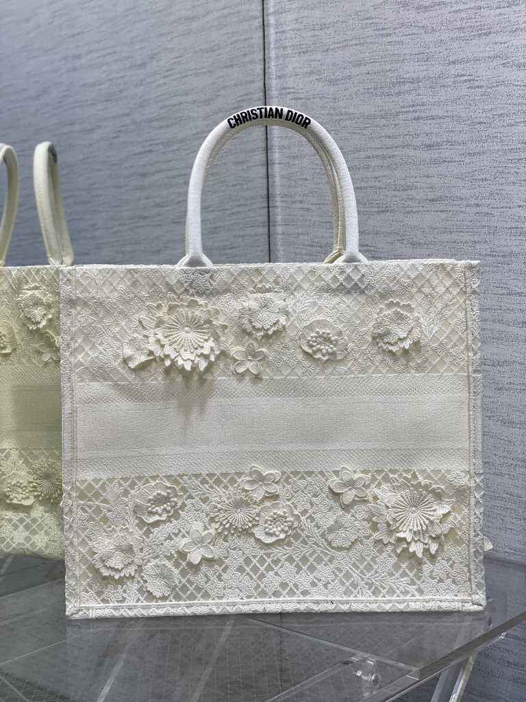 Dior Large Book Tote Bag M1286 White Lace Flower Embroidery
