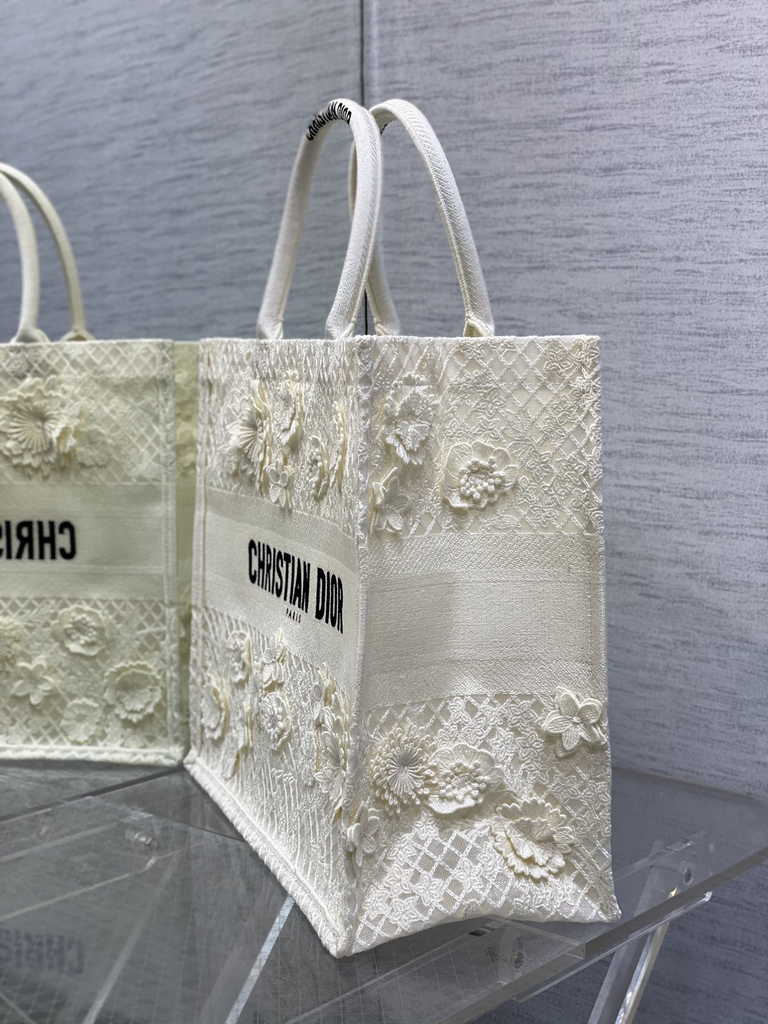 Dior Large Book Tote Bag M1286 White Lace Flower Embroidery