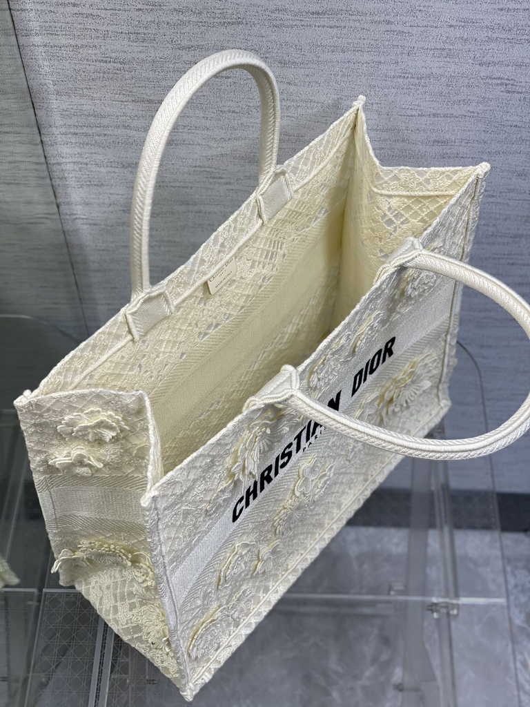 Dior Large Book Tote Bag M1286 White Lace Flower Embroidery
