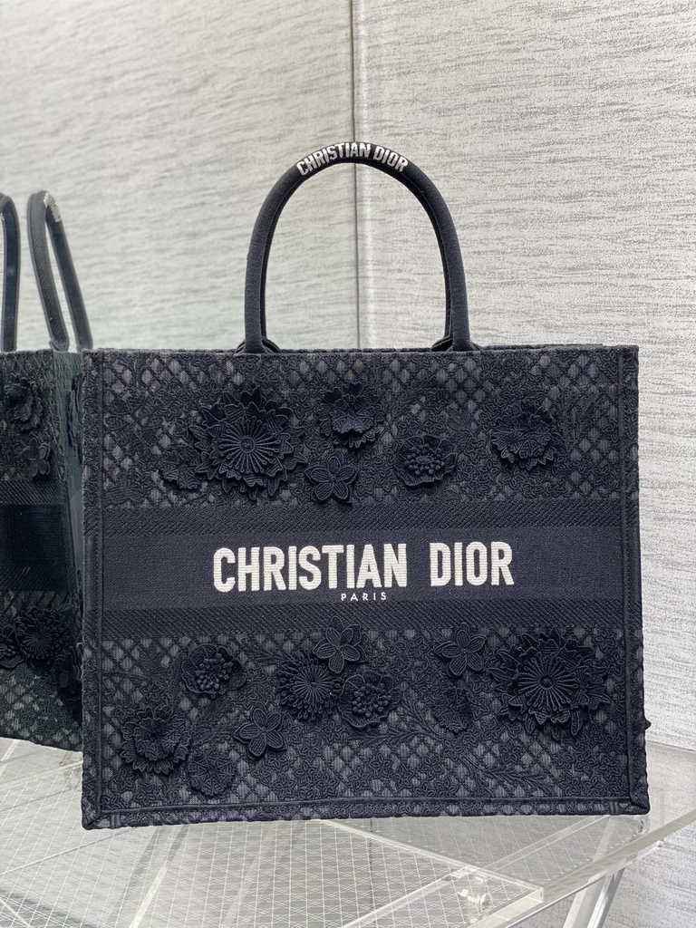 Dior Large Book Tote Bag M1286 Black Lace Flower Embroidery