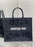 Dior Large Book Tote Bag M1286 Black Lace Flower Embroidery