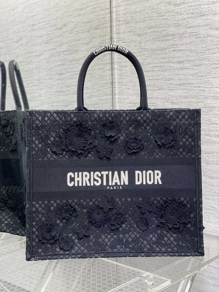 Dior Large Book Tote Bag M1286 Black Lace Flower Embroidery