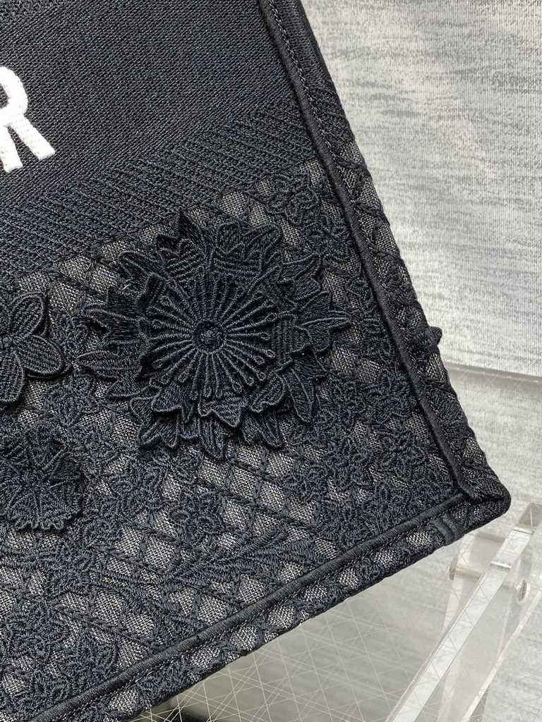 Dior Large Book Tote Bag M1286 Black Lace Flower Embroidery