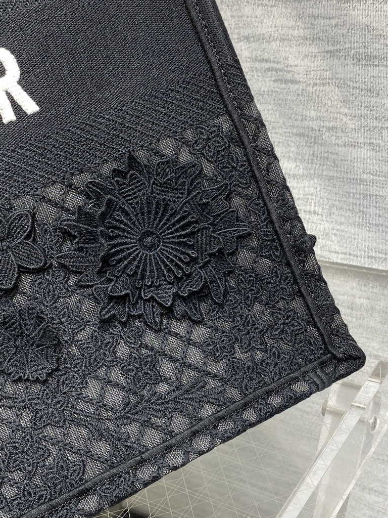 Dior Large Book Tote Bag M1286 Black Lace Flower Embroidery