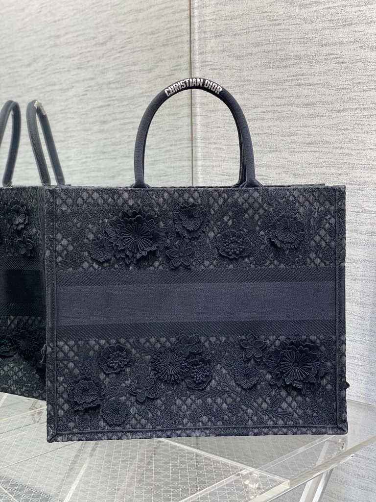 Dior Large Book Tote Bag M1286 Black Lace Flower Embroidery