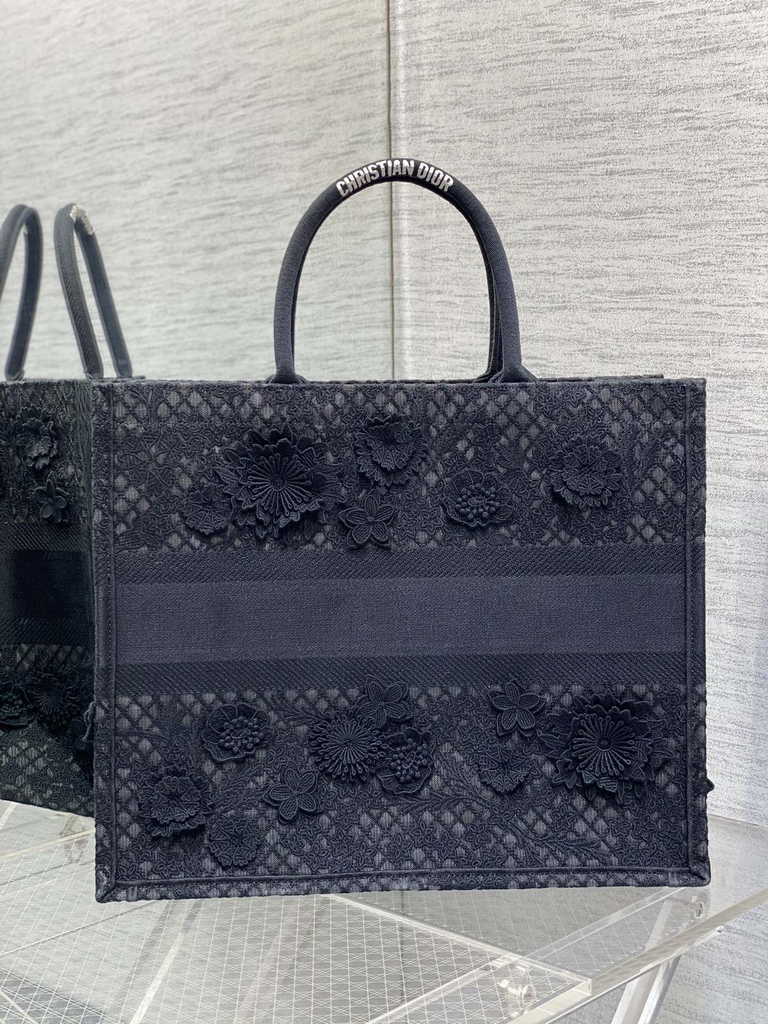 Dior Large Book Tote Bag M1286 Black Lace Flower Embroidery